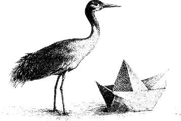 Obraz premium Crane with origami paper boat and geometric shapes black and white stippled drawing for banner and poster design