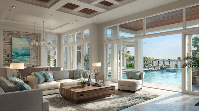 Luxury modern living room interior with floor to ceiling windows, private swimming pool view, bright natural sunlight, elegant contemporary home decor, spacious open concept luxury residence, premium 