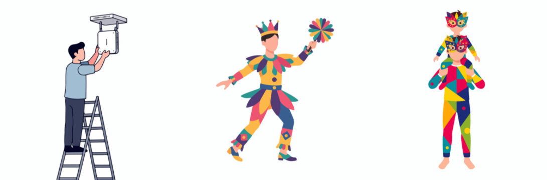Illustrated clowns performing with stage lighting setup