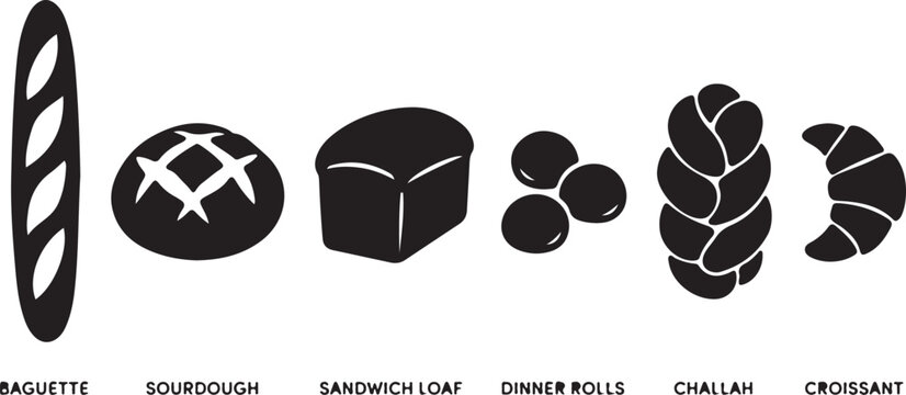 Black bread icons, bakery vector graphics, bread types, baking illustrations, food symbols