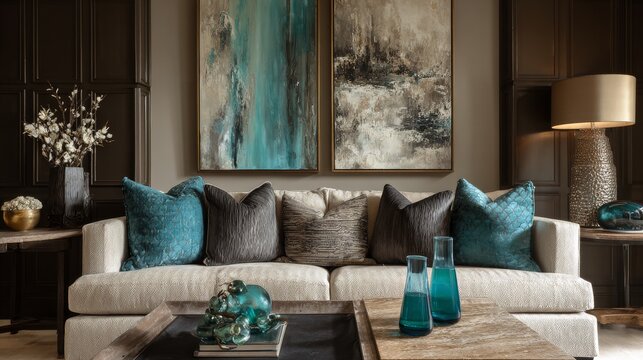 Modern living room with transitional interior design, stylish sofa, elegant coffee table, contemporary wall decor, cozy residential lounge, bright open living space, sophisticated home styling with co