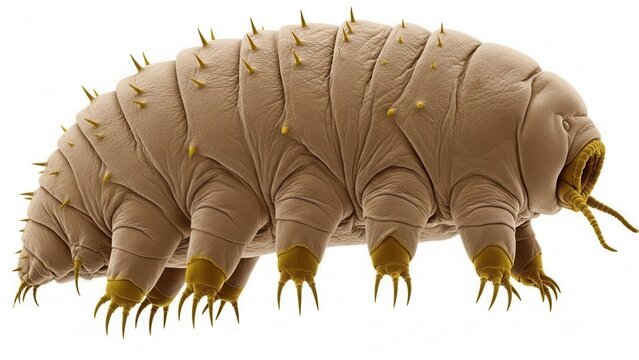 Detailed scanning electron micrograph of a tardigrade or water bear a resilient microscopic invertebrate with a segmented body and claws on a white background