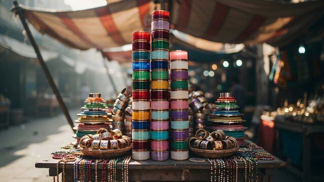 Brightly colored glass bracelets neatly stacked in high rows at an outdoor bazaar
