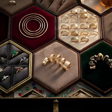 An elegant top-down view showcasing luxury gold rings embedded with vibrant, colorful gemstones.