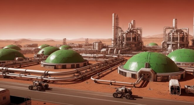 Industrial complex with futuristic domes under a hazy sky