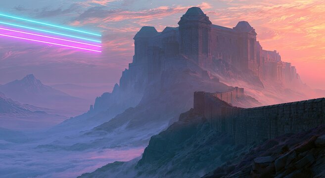 Majestic ancient fortress atop a misty mountain range under a vibrant sunset
