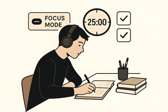 Man working at desk with timer in focus mode