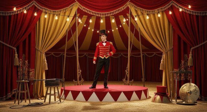 Circus performer in grand tent with vintage lighting