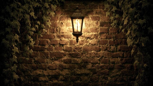 Old-fashioned lantern casts warm glow on a textured brick wall covered in vines