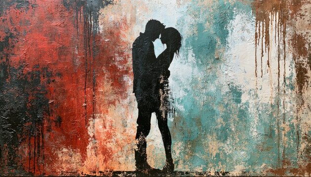 Silhouetted couple embracing against a vibrant, textured, abstract backdrop