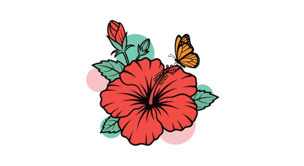 Red hibiscus flower with butterfly illustration. © Ghiska