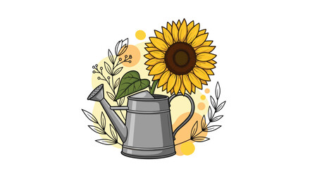 Sunflower in metal watering can illustration. © Ghiska