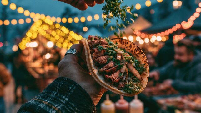 Hand holding a loaded taco, with blurred festive lights and people in background