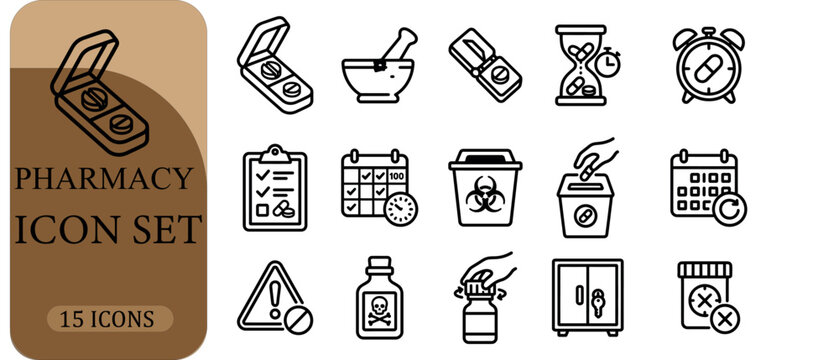 Pharmacy icon set with 15 outline vector elements, medical healthcare symbols for medication management, pharmaceutical drug safety icons