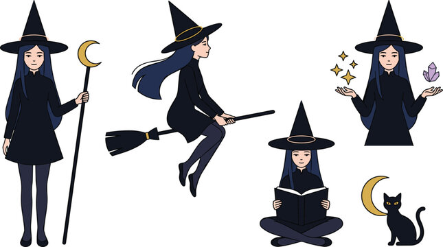 Cute witch cartoon vector illustration collection featuring magic staff, flying broom, spell casting, reading spellbook and black cat Halloween characters isolated on white background
