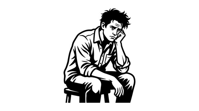 A black and white illustration of a pensive man sitting alone feeling sad and depressed.