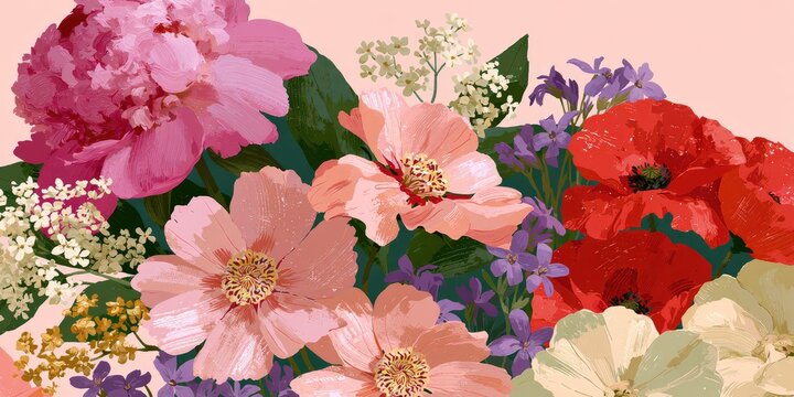 A vibrant arrangement of blooming flowers in pink, red, and peach tones