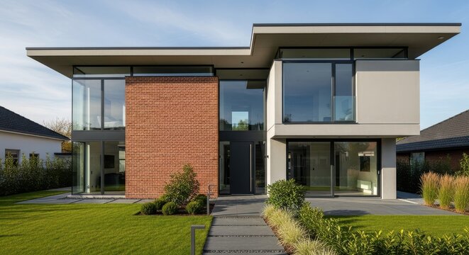 Modern two-story home with wooden accent wall and large glass windows