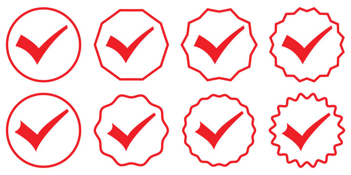 Check box icon with correct, accept checkmark icons tick box checked. Approve symbol. Flat round buttons set. Collection of vector symbol on white background. Vector illustration. EPS10