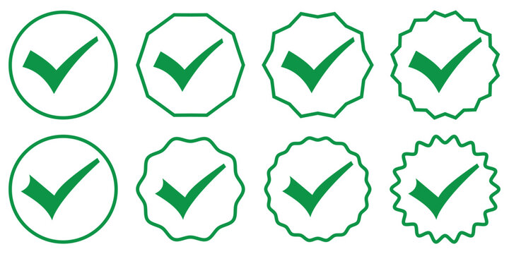 Check box icon with correct, accept checkmark icons tick box checked. Approve symbol. Flat round buttons set. Collection of vector symbol on white background. Vector illustration. EPS10