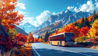 Obraz premium バス旅紅葉山道背景素材