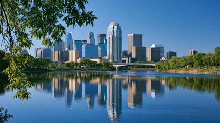 Fototapeta premium Serene cityscape reflected in calm water, framed by lush green trees