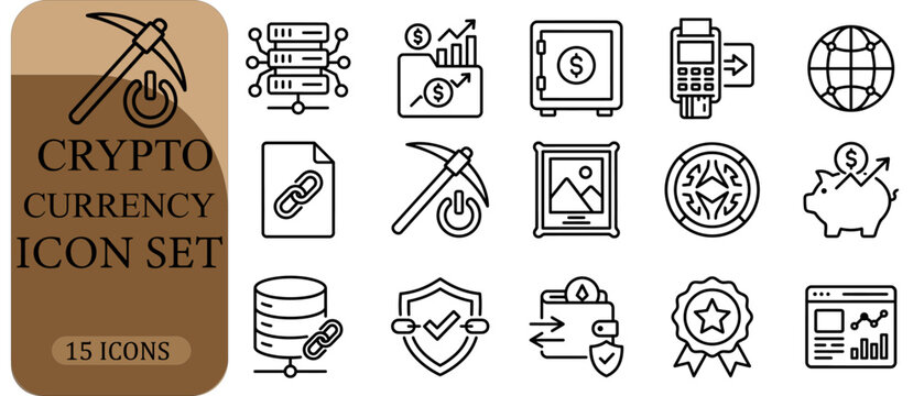 Cryptocurrency icon set with 15 line icons, digital finance and blockchain technology symbols, crypto mining and wallet vector illustrations