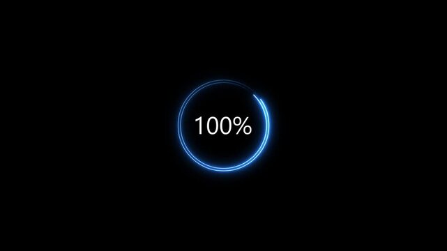Blue neon circular progress bar loading to 100 percent animation loop on black background. Best for data processing, software update, system download, and complete status.