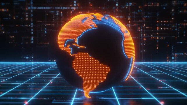 Glowing orange digital globe with grid and circuitry, symbolizing global connectivity, technology, data networks, and futuristic holographic visualization.
