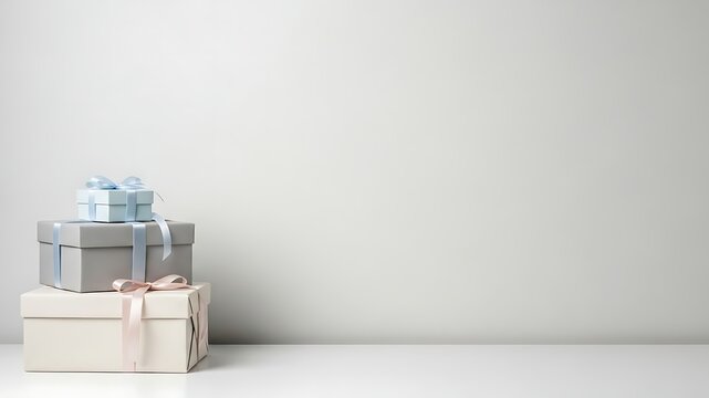 Elegant stack of gift boxes with delicate ribbons, presented on a white surface against a minimalist background, symbolizing thoughtful giving and celebration