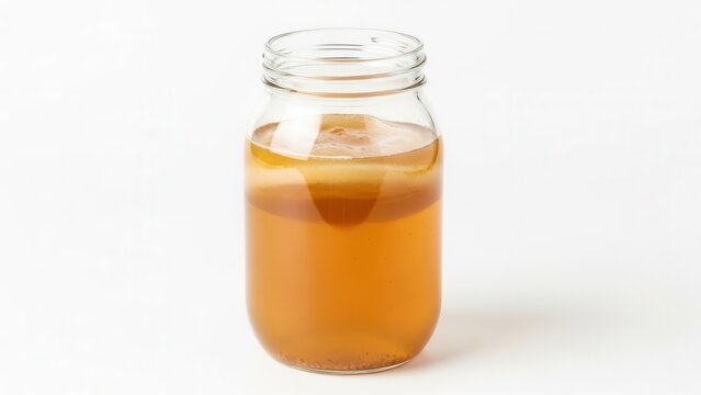 Homemade kombucha in a clear glass jar on a clean white background showcasing the fermentation process and healthy probiotic drink