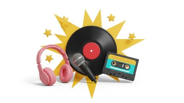 Vibrant retro music theme with a vinyl record microphone pink headphones and a cassette tape against a yellow starburst background and small stars