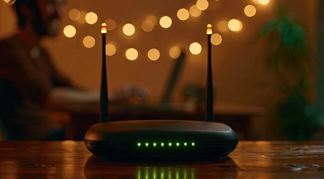 Router with illuminated indicators and antennae sits on wooden table