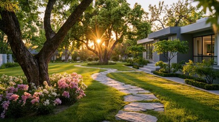 Obraz premium Sunlit pathway through lush garden leads to modern home