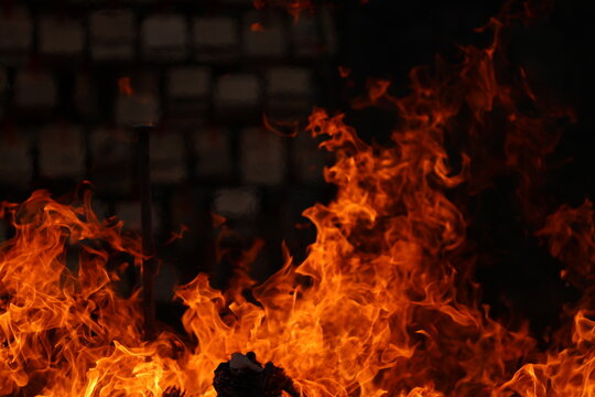 Shinto Shrine Bonfire Ritual Dondoyaki with Big Flames in Japan