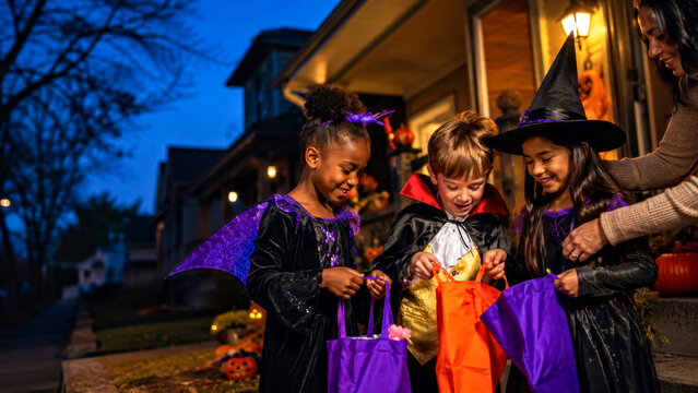 Children in Homemade Costumes Trick-Or-Treating Together  on Halloween Evening in Suburban Neighborhood