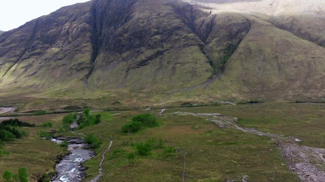 Scotland, Glen Etive, Scottish Highlands, Skyfall Valley drone flight towards dramatic mountains