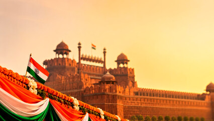 Obraz premium Warm Sunrise Light over a Red Fort Sandstone Facade with Indian Flag and Marigold Garlands in Foreground