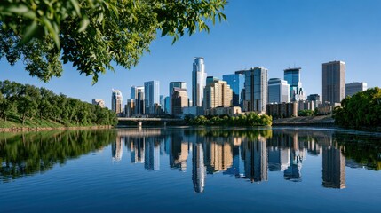 Fototapeta premium Calm water reflects a modern city skyline and lush green trees under a clear sky