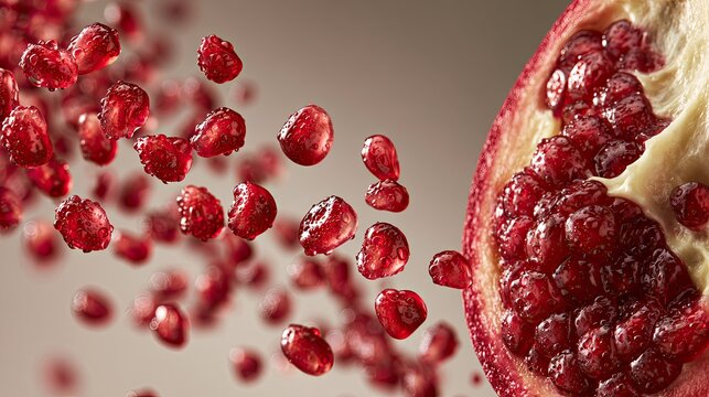 Close-up of juicy red pomegranate seeds bursting from a whole fruit
