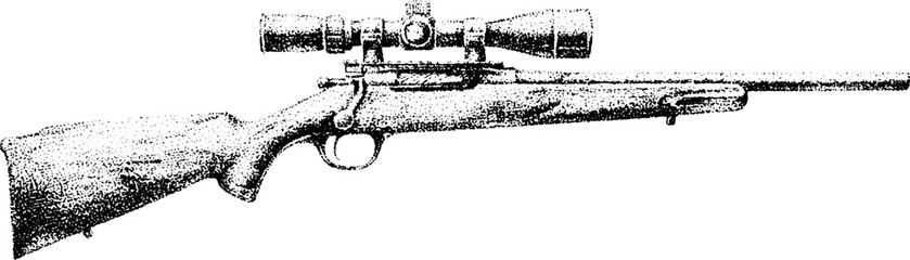 Obraz premium Antique hunting rifle with scope engraved stipple illustration isolated for vintage label background and firearm design element