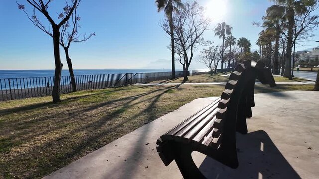 Empty wooden park bench overlooking antalya seafront beach and palm tree lined path.
