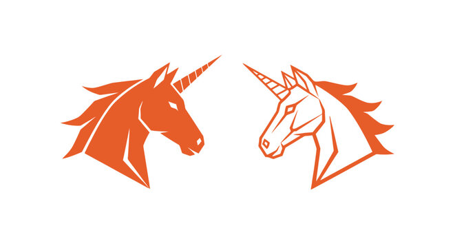 Orange Unicorn and Horse Head Silhouettes Facing Each Other.