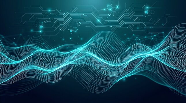 Modern digital technology concept featuring luminous electronic pathways and wave motion graphics