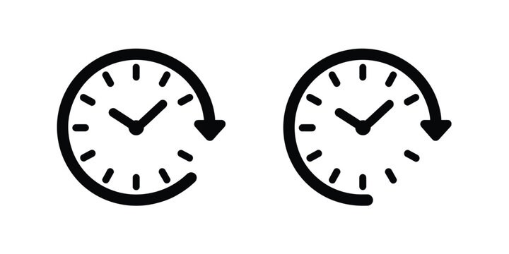 Clock icons with arrows, time passing, turnaround symbol, schedule management, time cycle, deadline reminder, editable vector, transparent background.