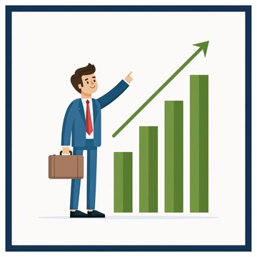 Animated man in suit points at rising green bar graph and arrow, showing growth