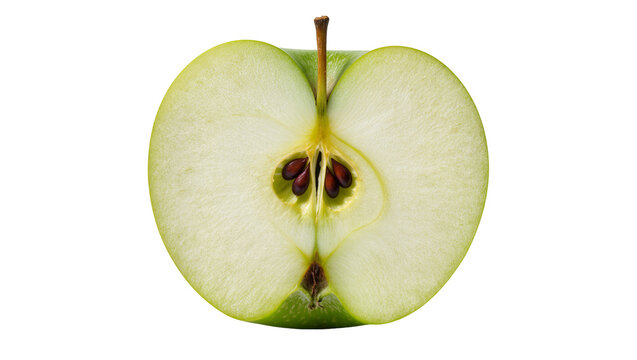 Isolated ripe fresh green apple fruit sliced in half displaying inner core and dark seeds