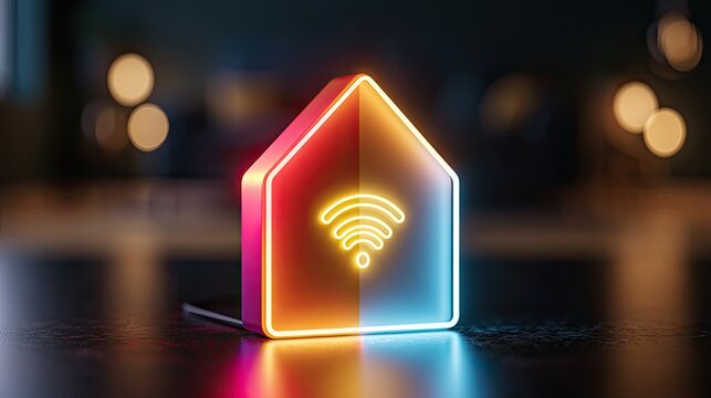 Glowing house icon with wifi symbol, symbolizing connected home