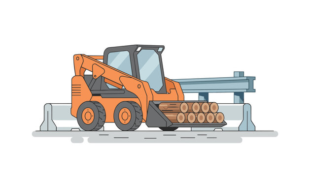 Orange skid steer loader sits on a road with concrete barriers and a stack of wooden logs in its bucket.