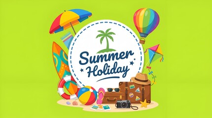 Fototapeta premium Summer Holiday Concept Travel Items 3D Illustration on Green Background